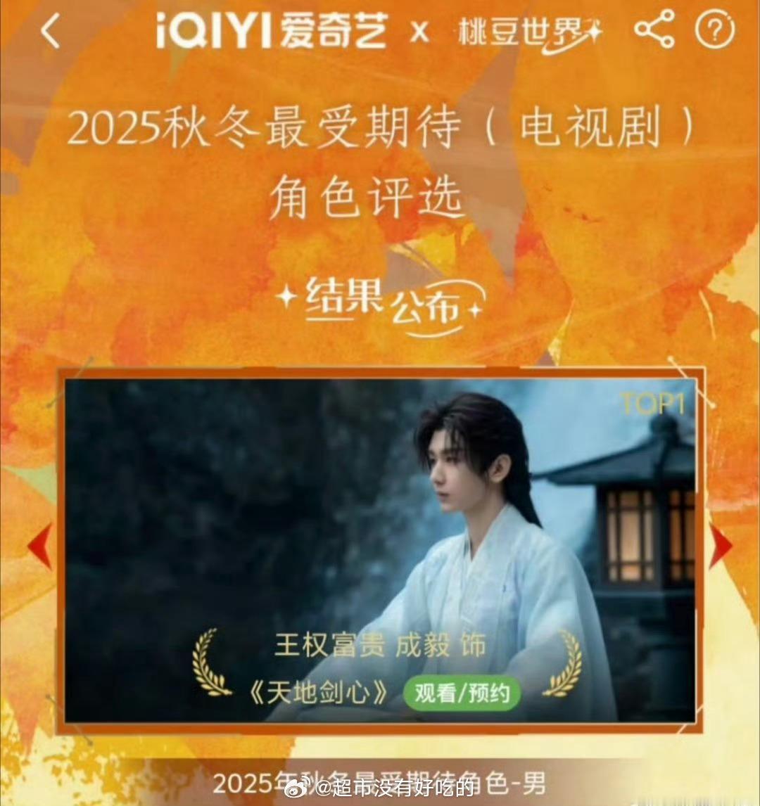 成毅《天地剑心》王权富贵爱奇艺2025秋冬最受期待男性角色TOP1🎉 ​​​