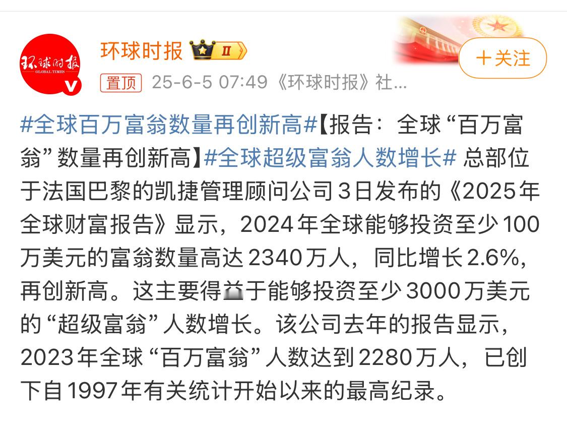 全球百万富翁数量再创新高百万美元应该算是千万富翁，好像财富越来越集中了。 ​​​