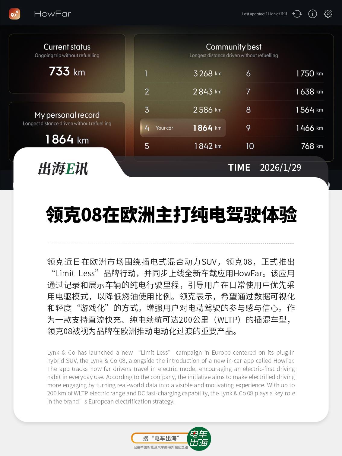 【出海E讯】领克08在欧洲主打纯电驾驶体验
领克近日在欧洲市场围绕插电式混合动力