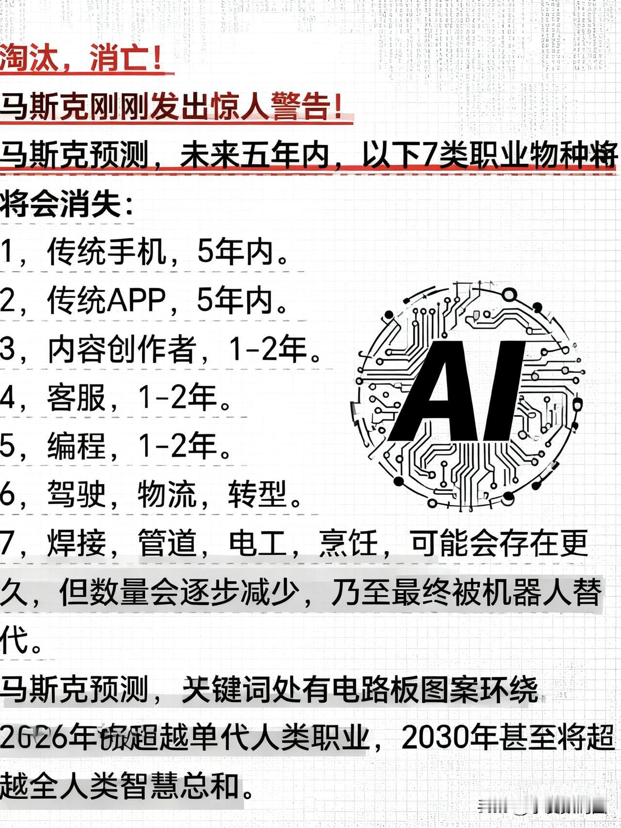 来看下马斯克关于AI的几个预言：
1、传统手机和APP 5年内消亡
2、内容创作