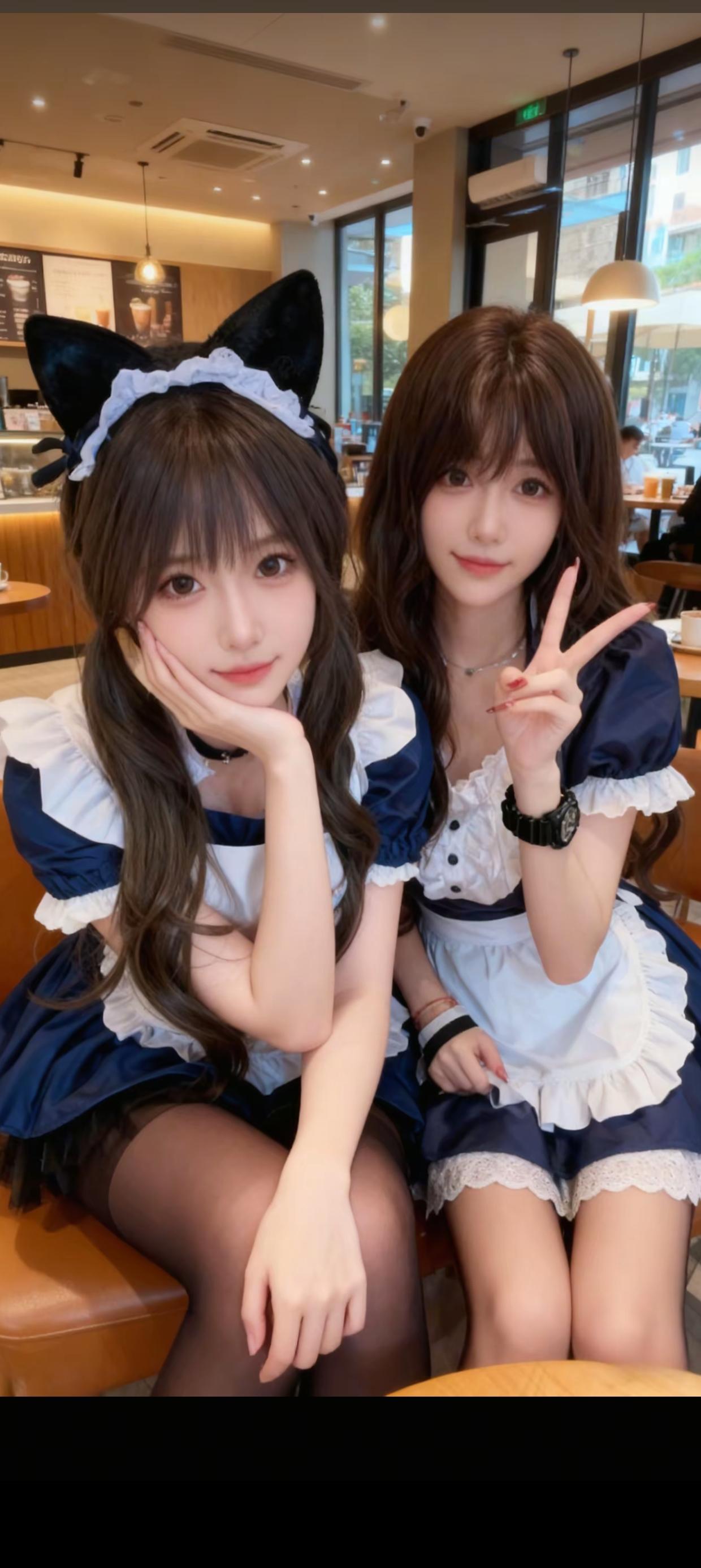 两个穿着女仆装的小可爱在咖啡厅。