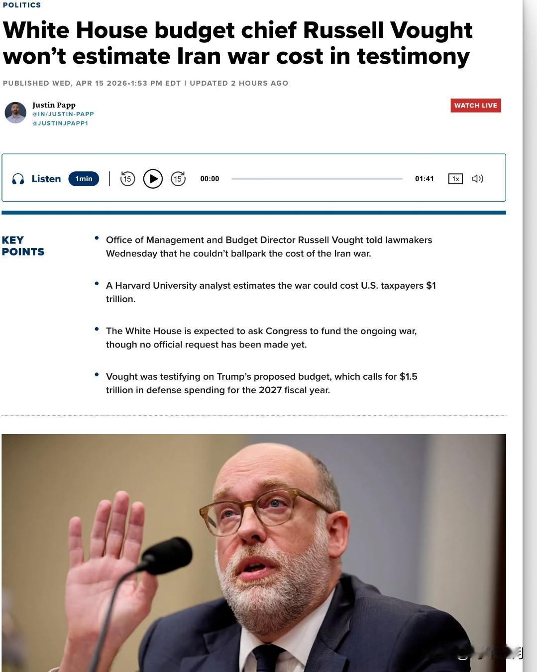 特朗普的预算主管拉塞尔·沃特在国会作证时拒绝估算伊朗战争的成本。

白宫管理和预