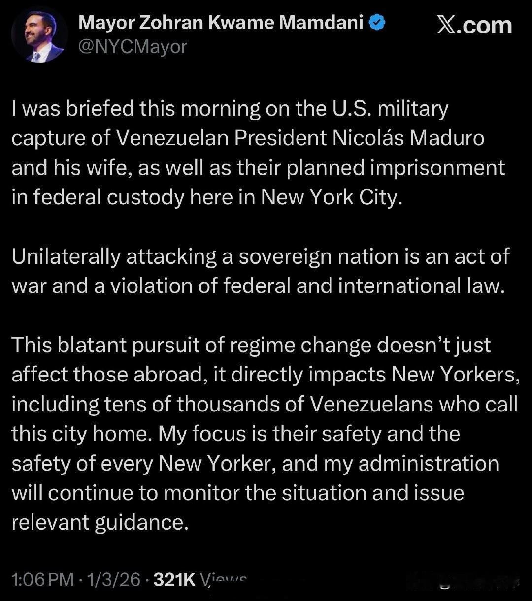 纽约市长Zohran Kwame谴责川普抓捕Maduro的行动，称这是战争行为。