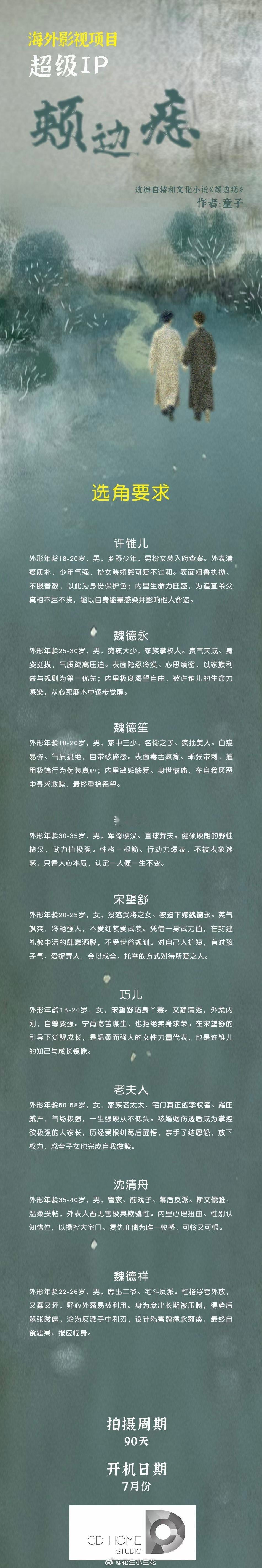 海外影视项目超级IP剧《颊边痣》组讯原著：童子《颊边痣》开机时间：2026年7月
