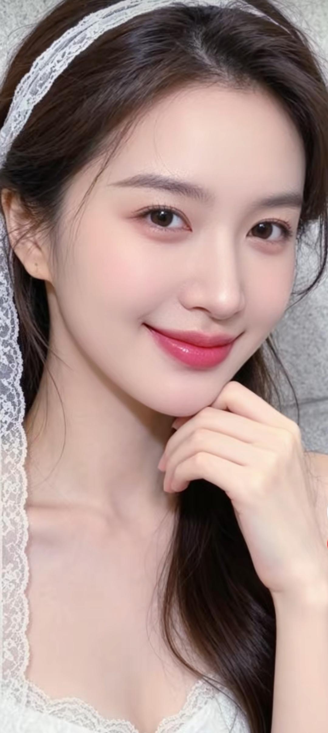 甜美少女风，温柔微笑，蕾丝发带，清新自然。