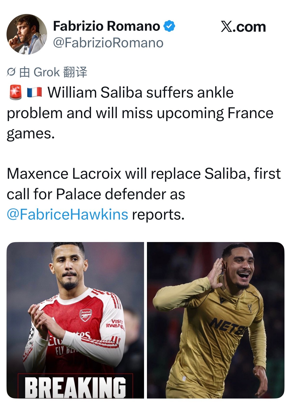 赛后，萨利巴因脚踝伤势退出本期法国国家队。 