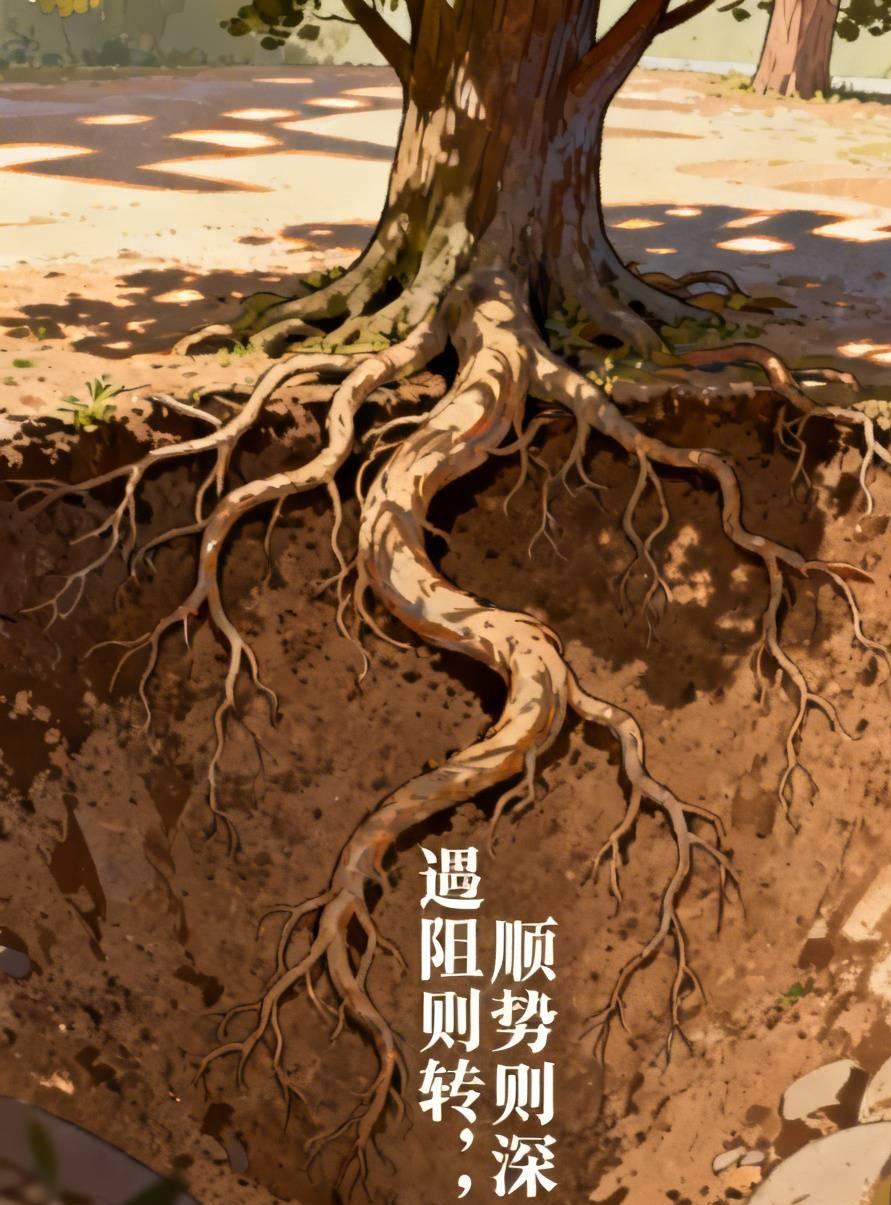 根的转•遇阻则转，顺势则深。
树根在地下遇石则绕，遇硬则避，从不硬闯。它顺应土壤