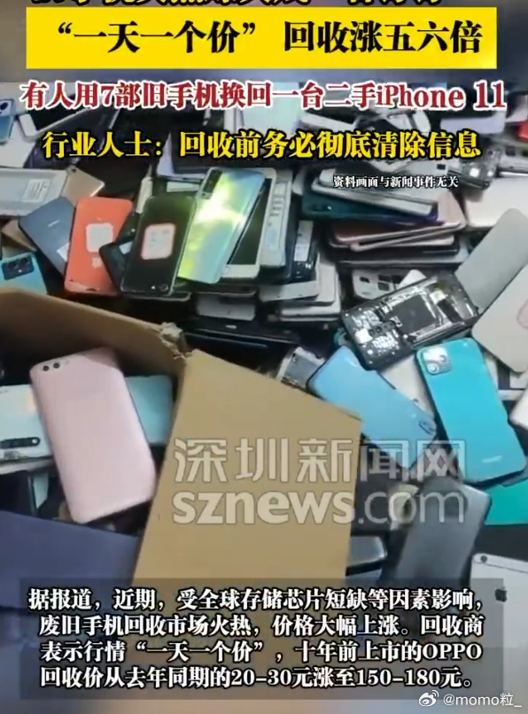 旧手机回收一天一个价  以前的旧手机换锅碗瓢盆，现在的旧手机 能换一顿拼好饭了