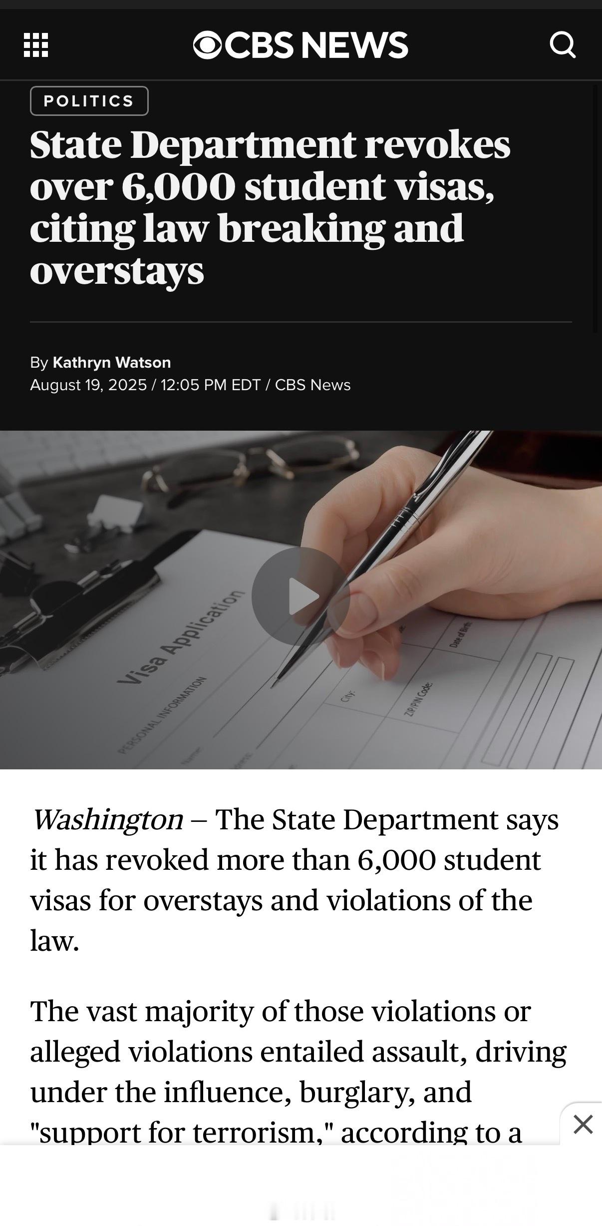 美国国务院表示，已撤销了超过6000名国际学生的签证，称这些签证因逾期居留和违反