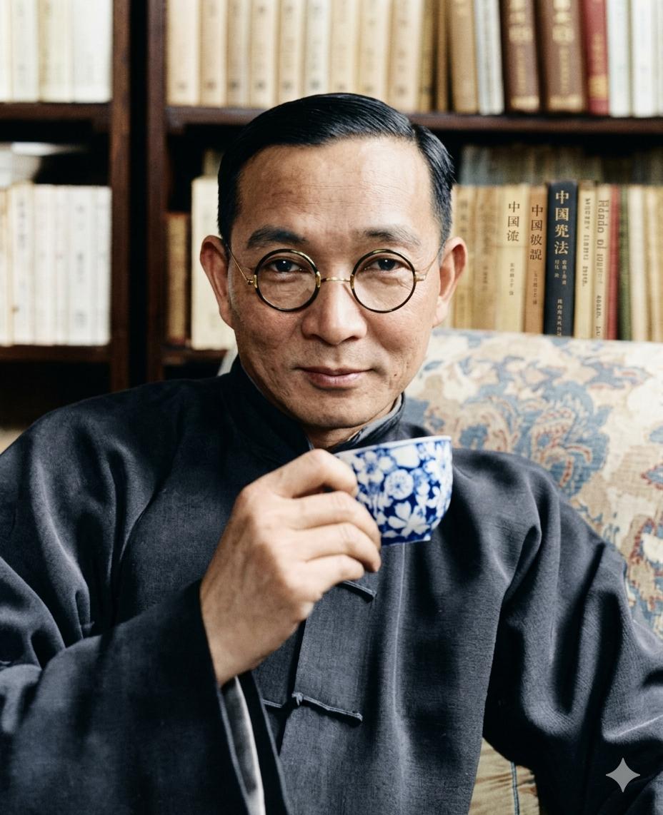 这是林语堂先生书房肖像老照片，他身着素雅中式盘扣长衫，佩戴标志性细边圆框金丝眼镜