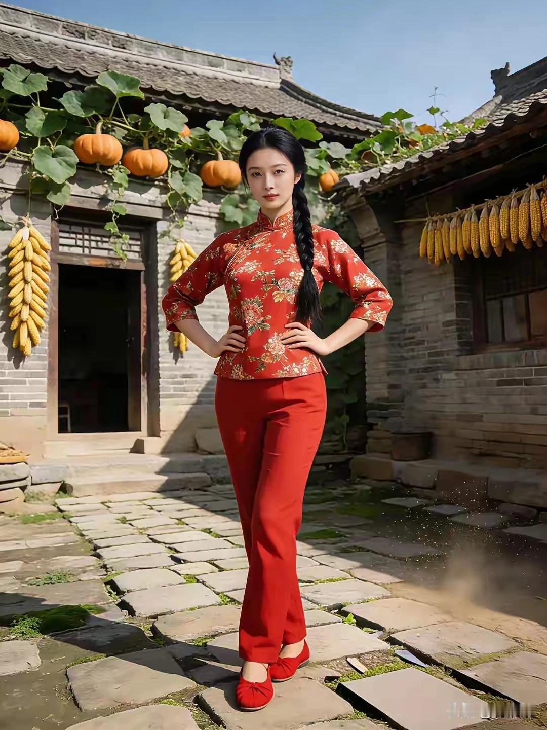 嫣然一笑百媚生，
连步轻移柳韵盈。
美色佳人，站在村庄
红袖翩跹，点衬霓裳
乌发