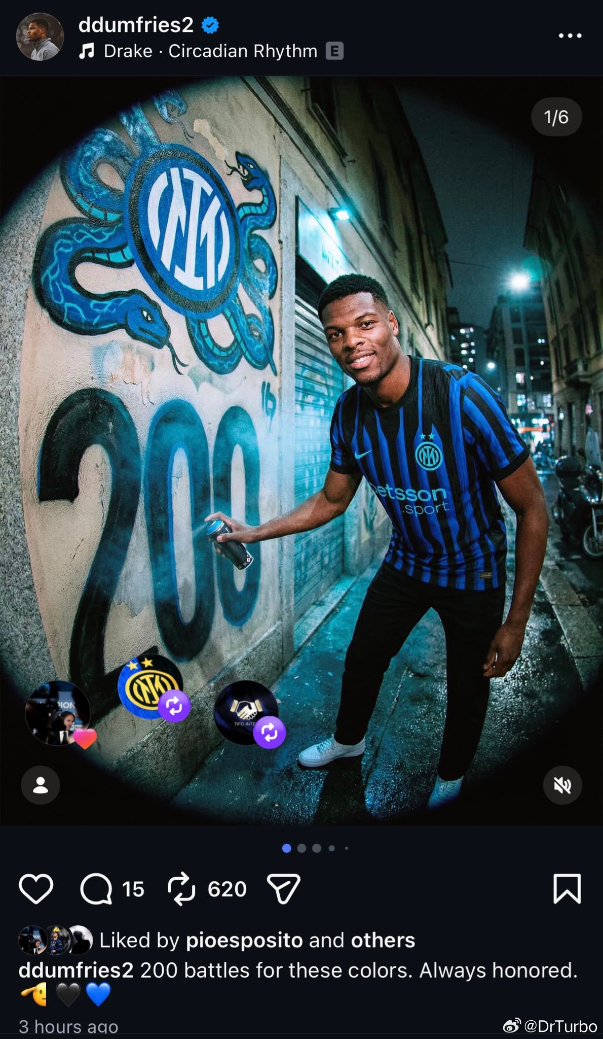 邓弗里斯也在社交媒体上纪念了自己国米生涯的200场里程碑国际米兰5比2罗马那不勒