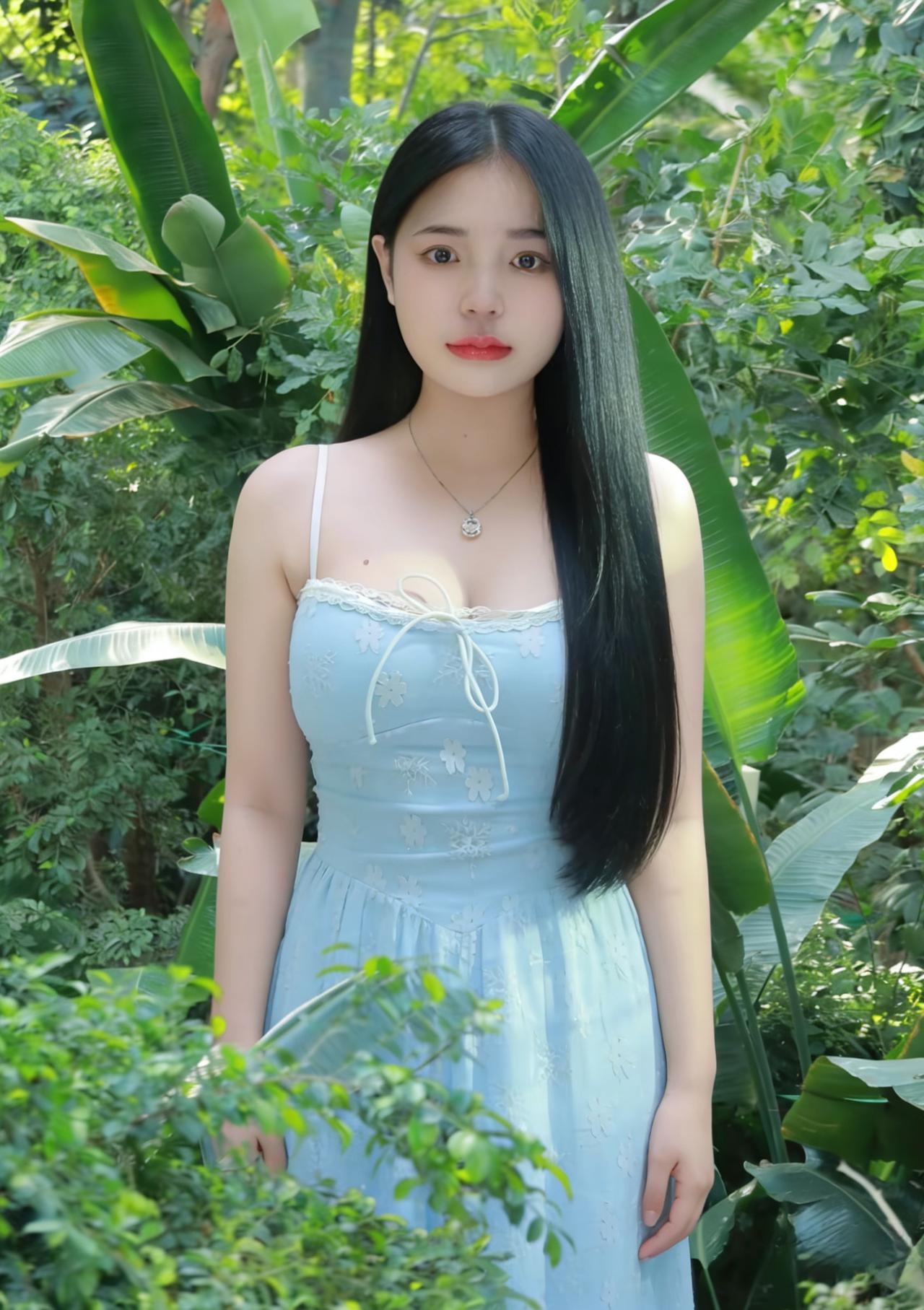 翠幄重重护玉容，蓝裙轻曳踏芳丛。
青丝漫洒三千瀑，明眸深藏十里风。
素颈凝霜悬玉