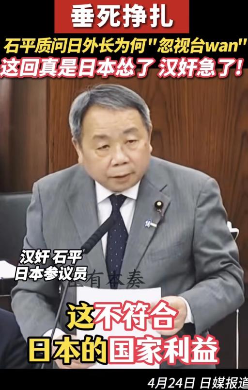 日本人不急，倒是把汉奸给急了！
4月24日日媒报道，日本议员、汉奸石平质问日本外