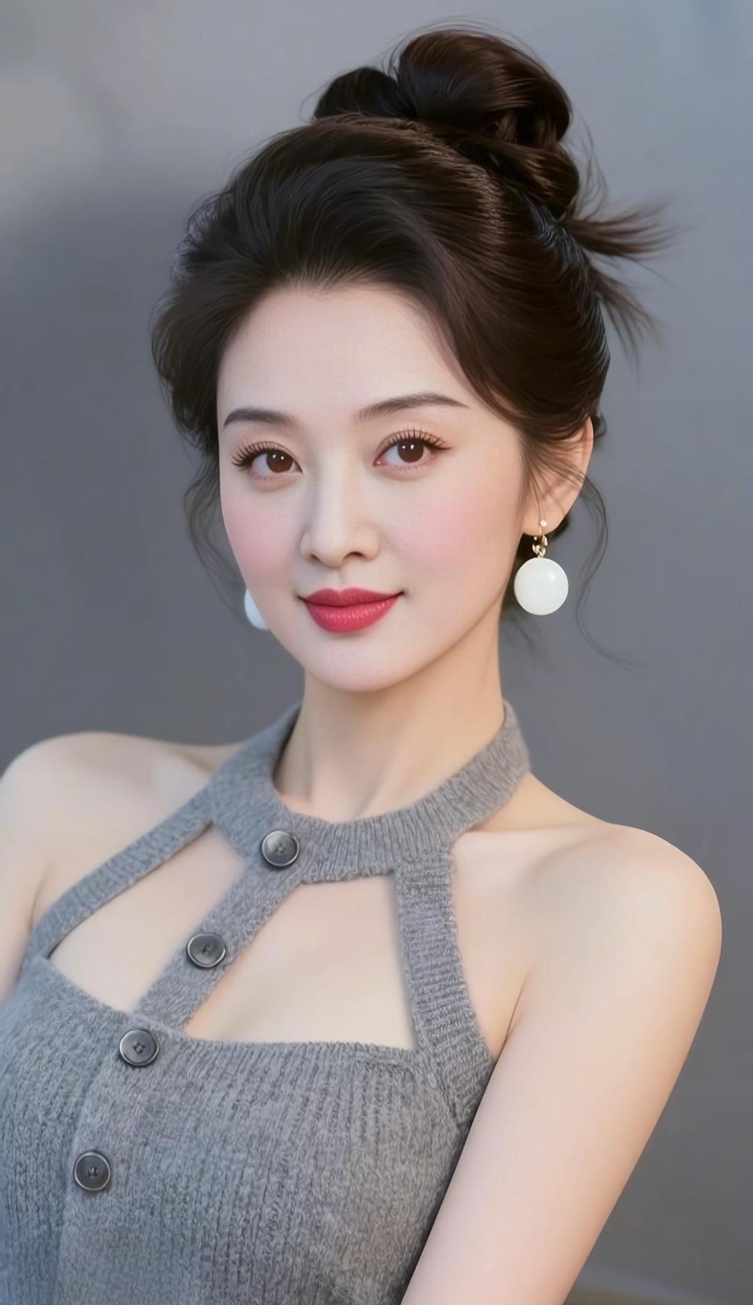 优雅气质，复古珍珠耳环，灰色针织连衣裙，温柔微笑，时尚穿搭。优雅美图分享 美女人