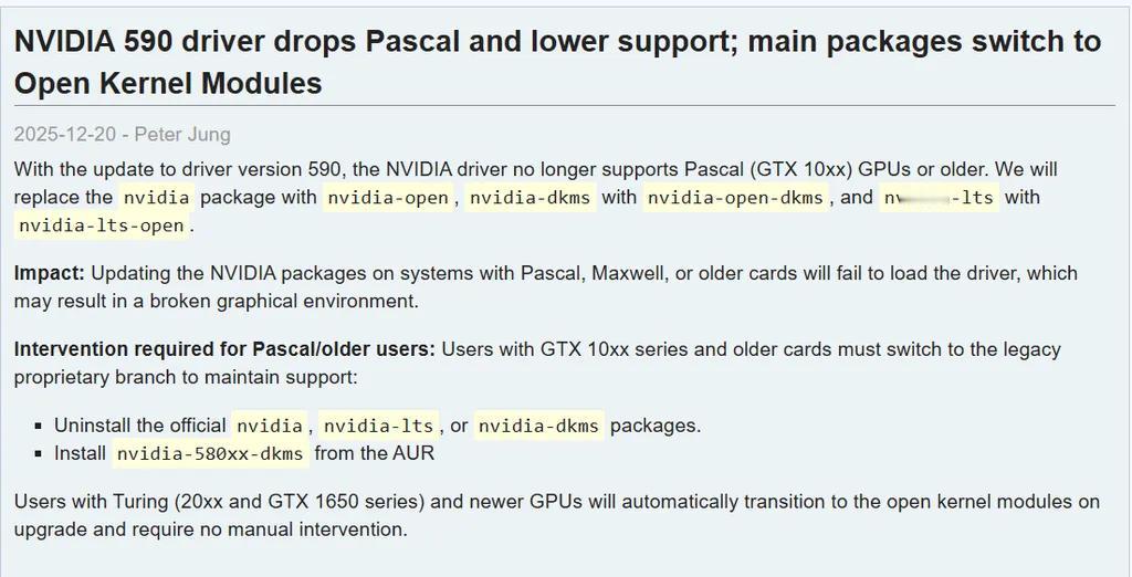 【Arch Linux正式停止支持GTX 10系列】近日，以更新神速著称的Arc