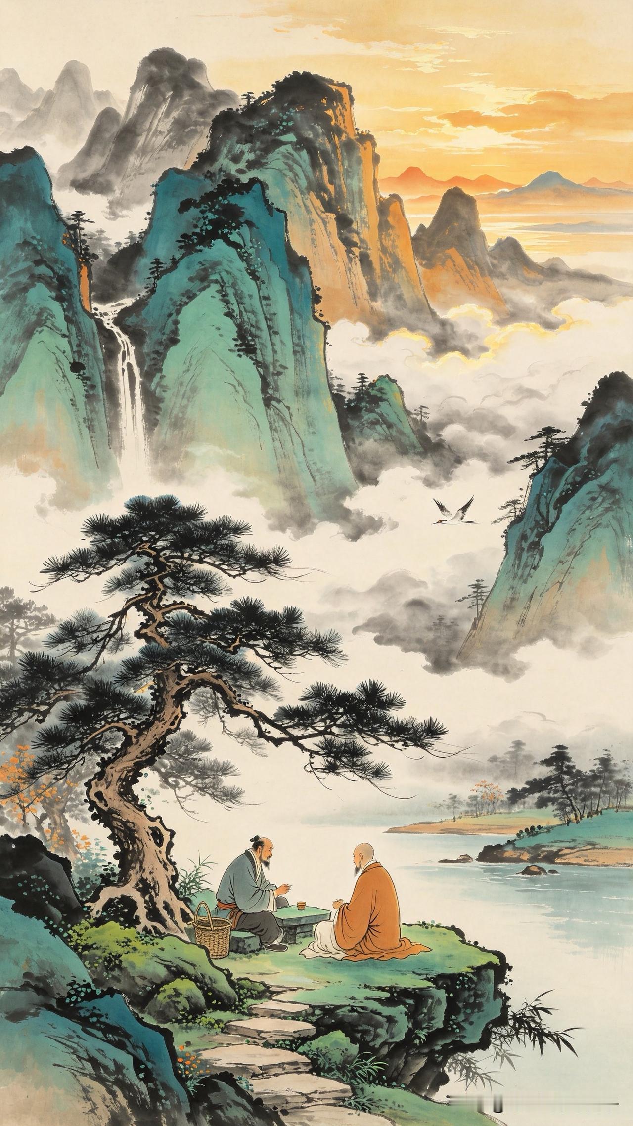 云卷千峰作画屏，
松风漫扫石苔青。
偶然樵径逢僧话，
      
…………请师