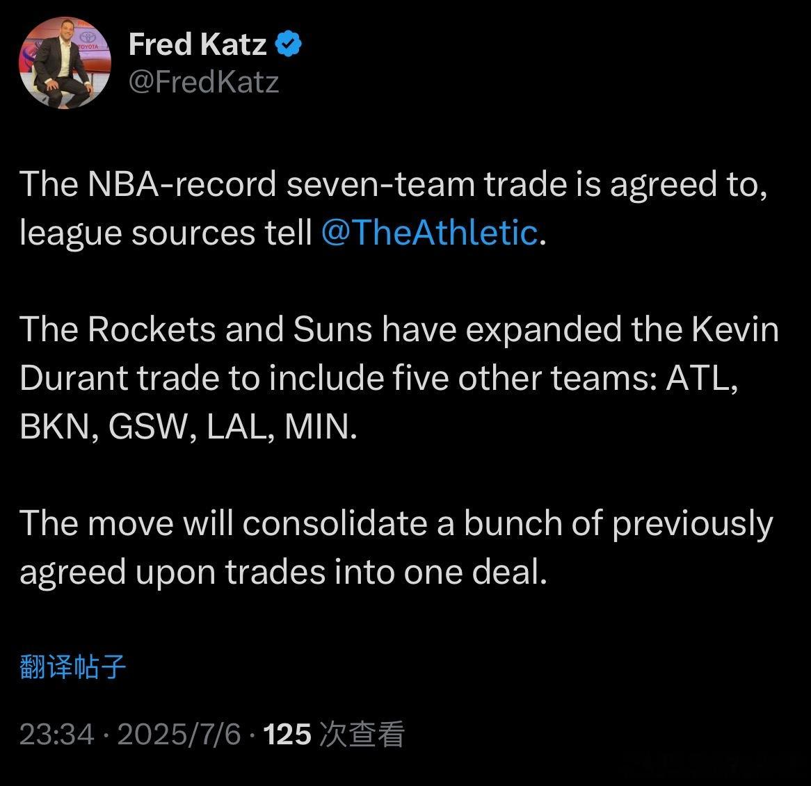 创NBA记录的七方交易已经达成一致✅火箭和太阳将杜兰特交易扩展，涉及老鹰、篮网、