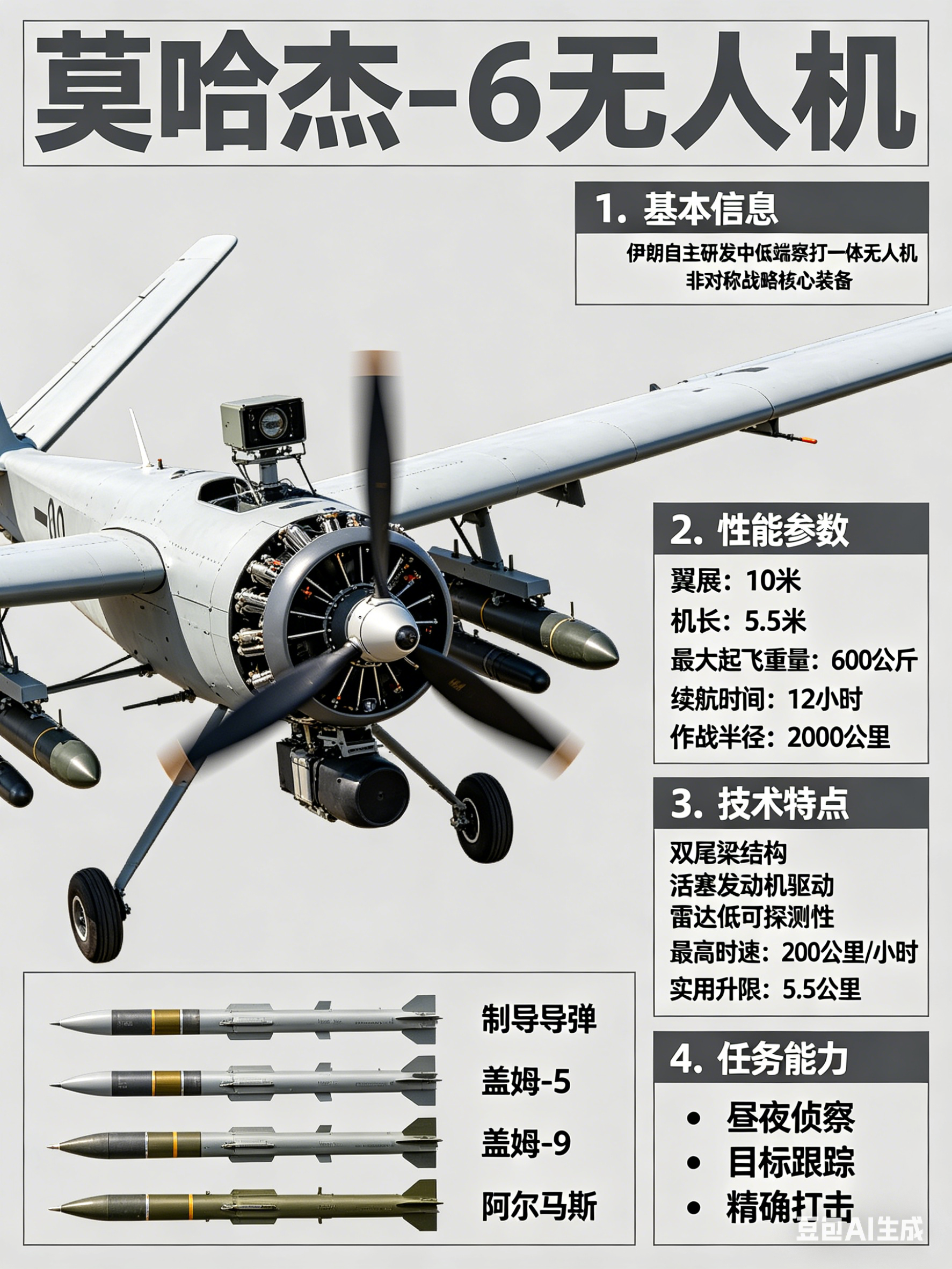 军事ai新视野 莫哈杰-6无人机伊朗自主研发的一款中低端察打一体无人机，凭借其低