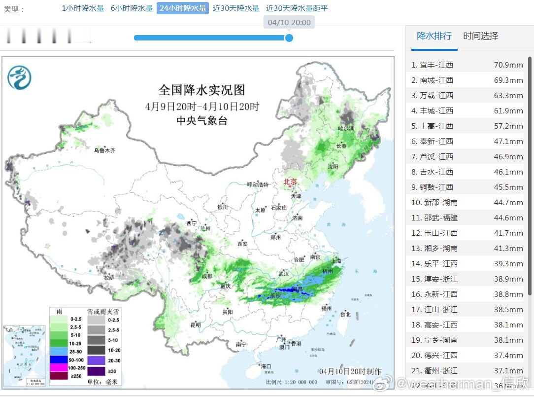 【强降水】昨晚到今天，强降雨转移到江南一带，江西今天凌晨和下午-傍晚，出现了两波