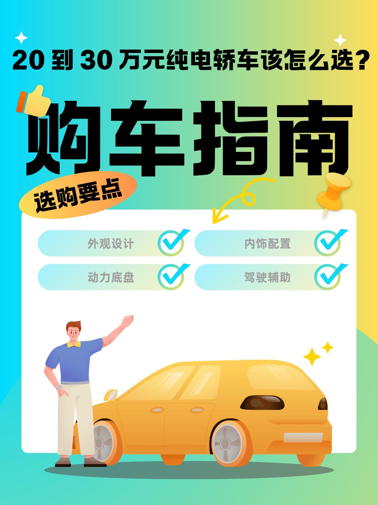 20 到 30 万元纯电轿车该怎么选？
相信很多小白都在纠结这个选车难题。其实这