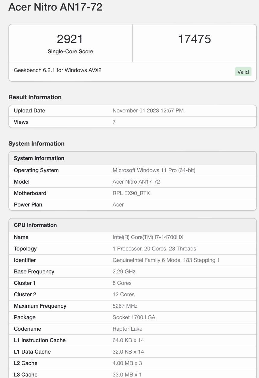 【英特尔i7-14700HX处理器曝光】近日，Geekbench上出现了一款搭载