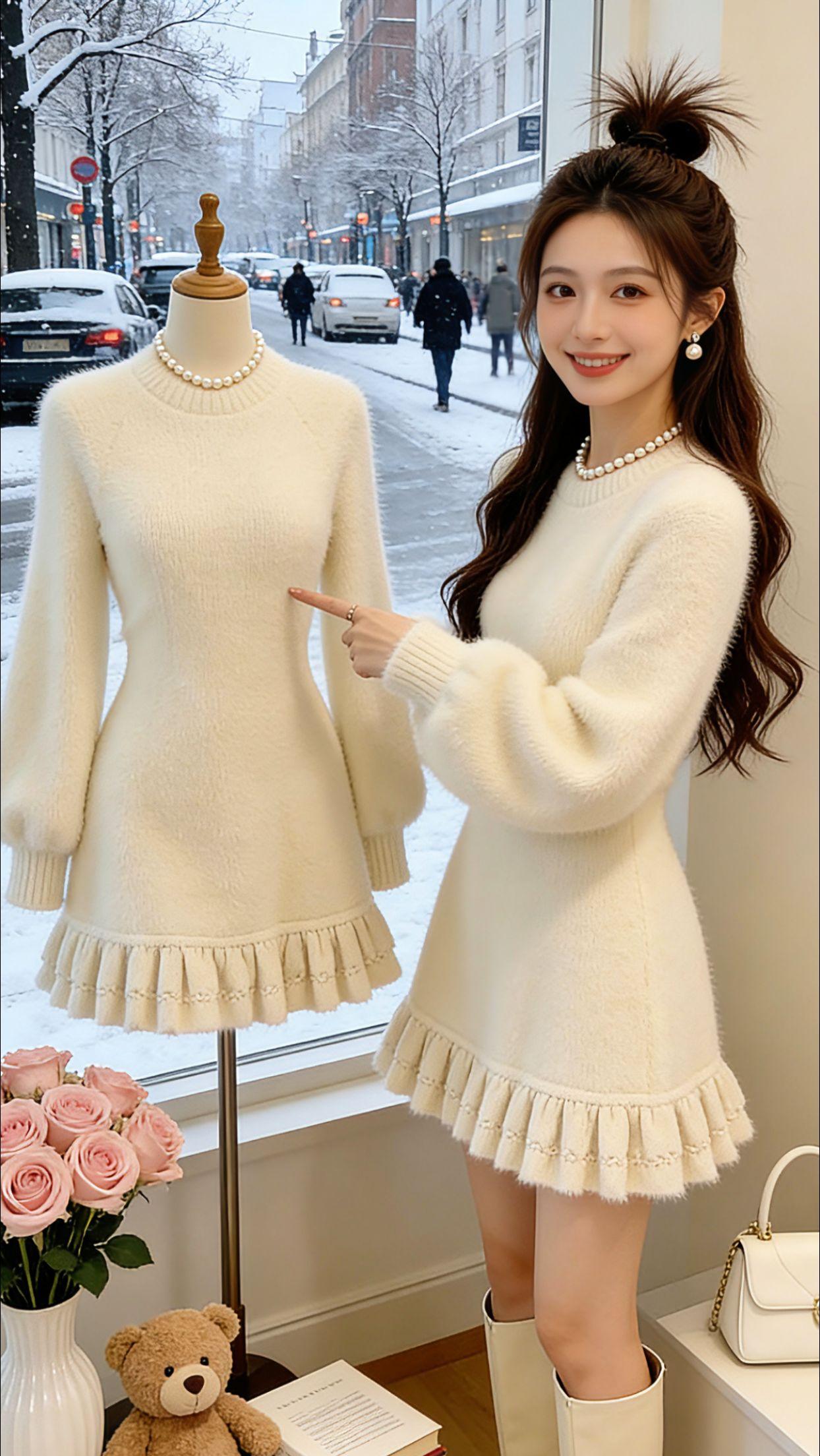 治愈系笑容的Danny，半扎着蓬松丸子头，身穿这件2026新款白色针织连衣裙，圆