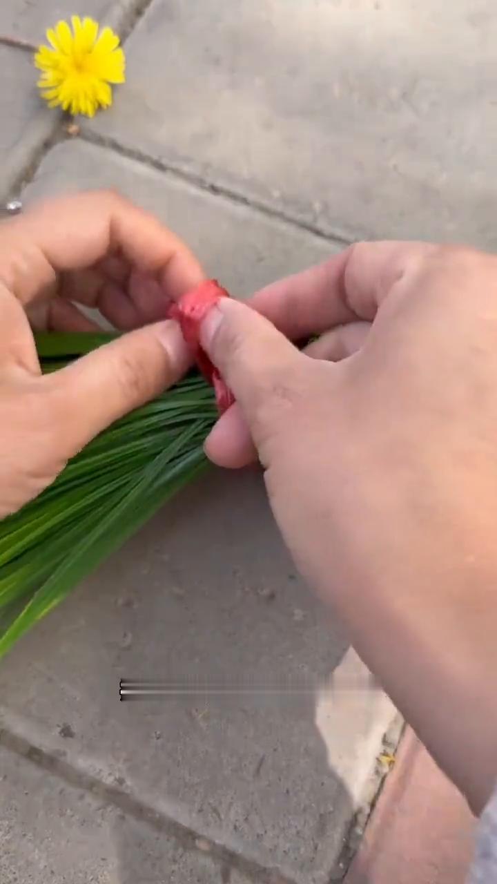看好了，我只教一遍这菜怎么绑最方便，仅需三步。
·左手食指勾住一头，右手拽住另一