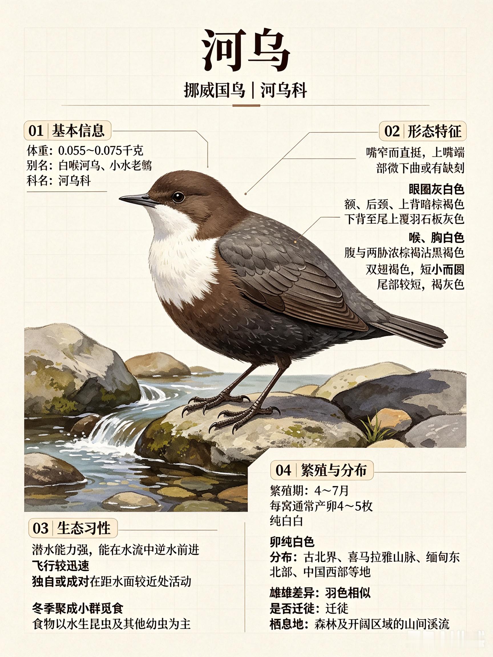 鸟类朋友图鉴 河乌科名：河乌科体重：0.055～0.075千克别名：白喉河乌、小