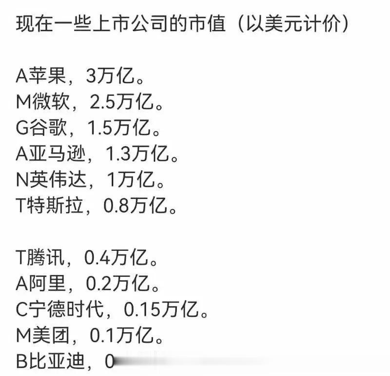 中美高科技企业的市值差异 ～ 差不多，其实就差一个零 ～

其他都明白，就是不明
