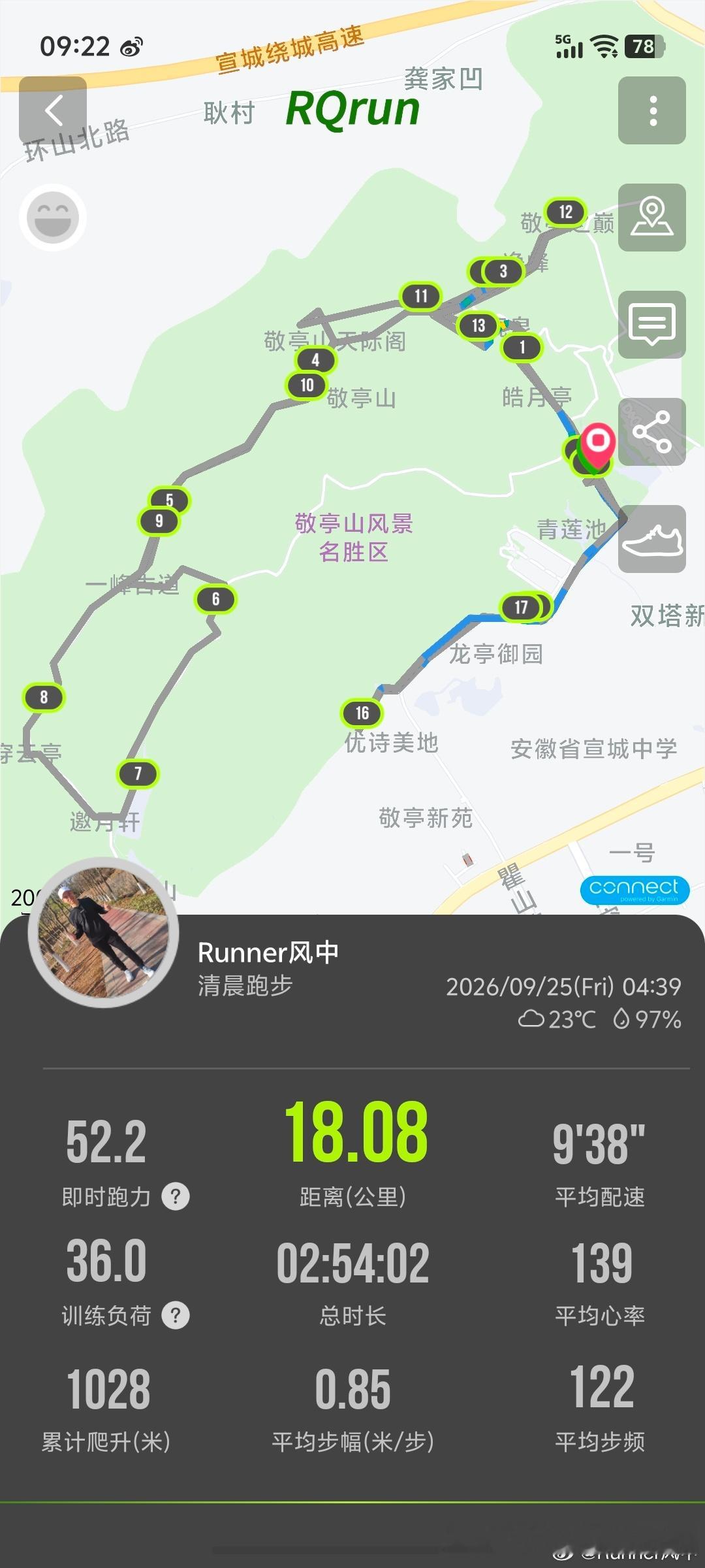 跑步[超话]相看两不厌，只有敬亭山跑步即刻开跑 跑山18公里，爬升1000+最近
