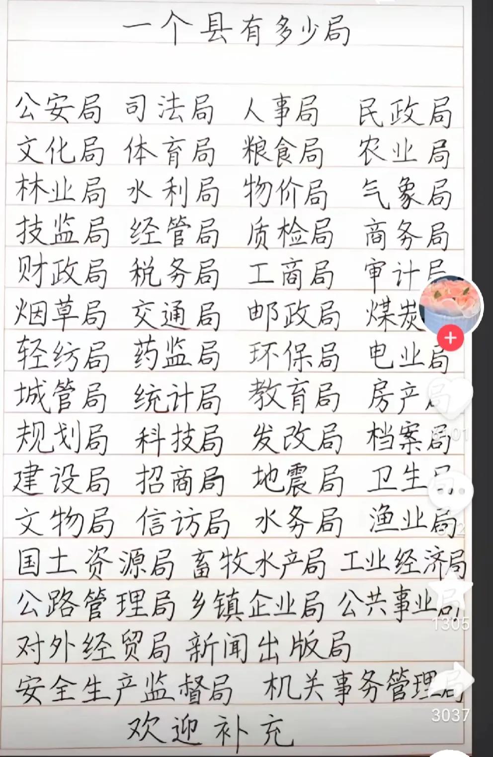 一个县有多少个局？
大概就这些了吧，有一些已经被合并或者取消了，欢迎补充！