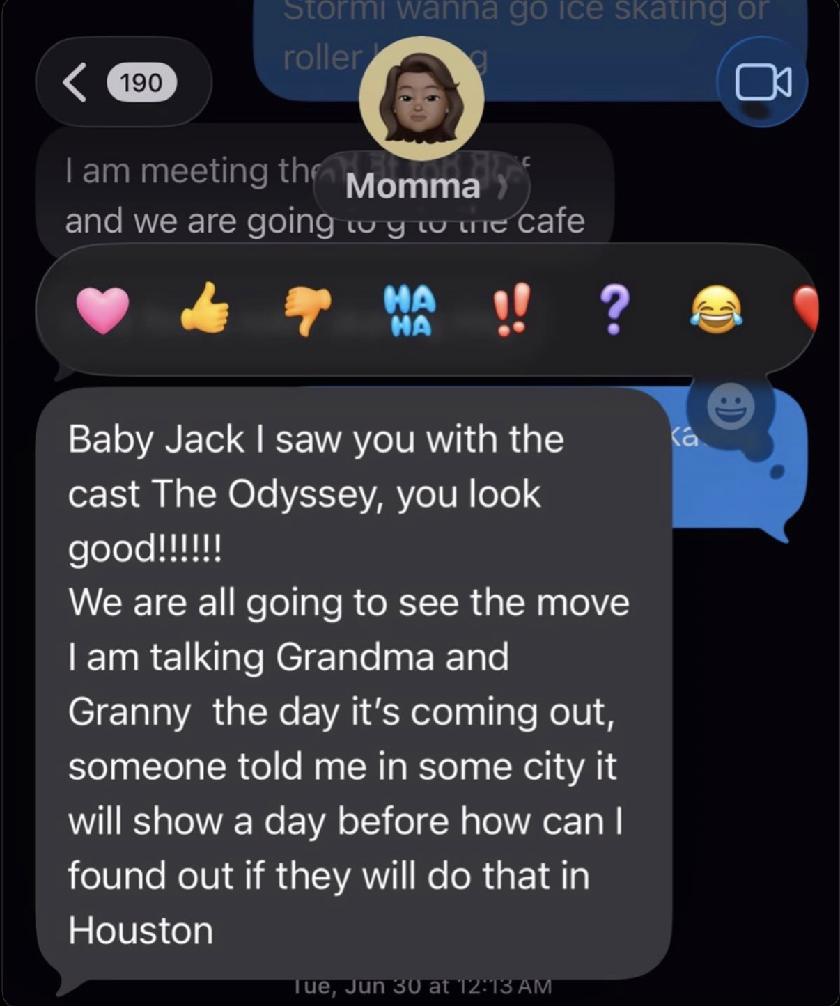 Travis Scott 分享了他参加电影《奥德赛》首映礼后妈妈发给他的短信‼️