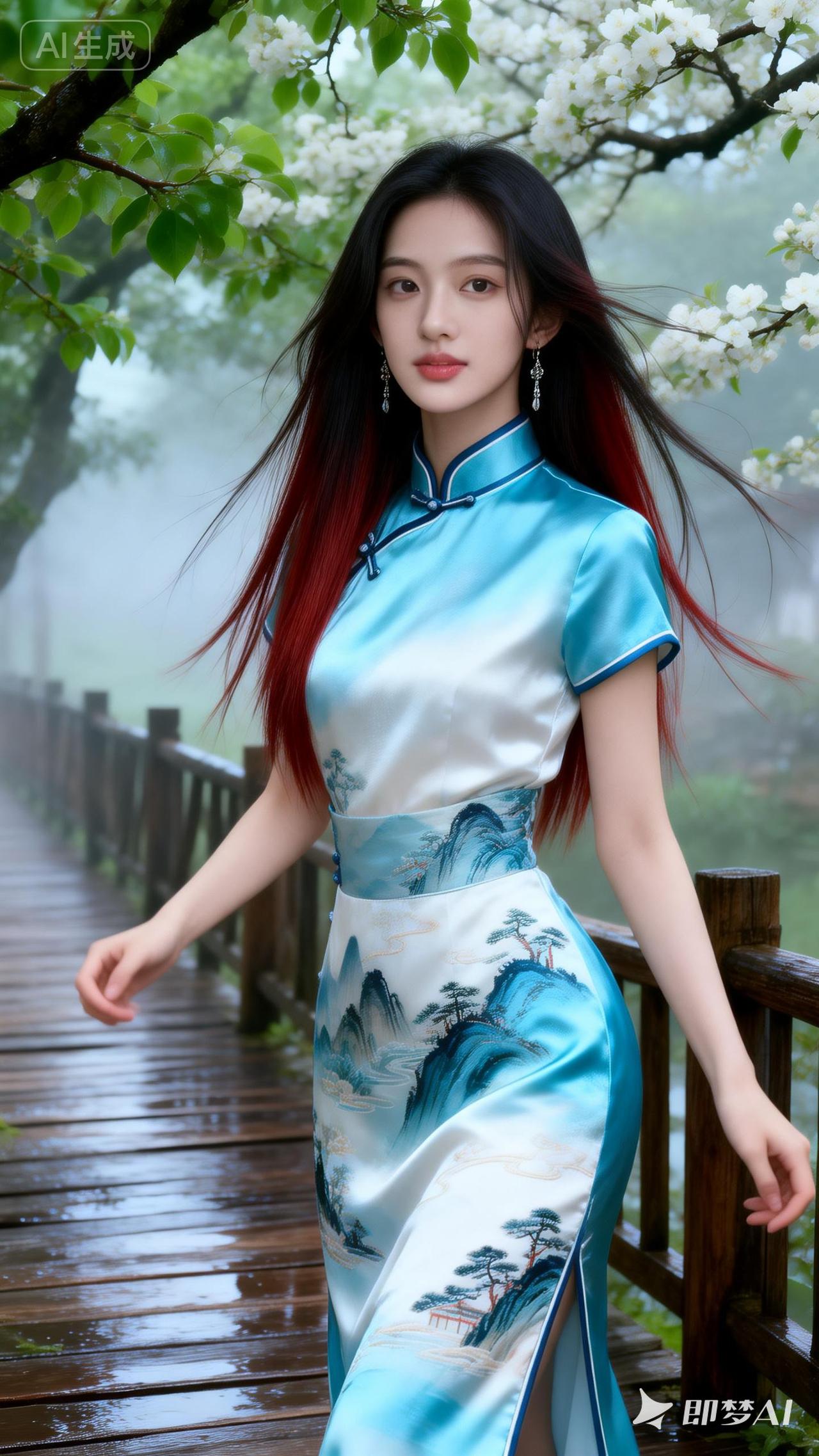 雨中漫步，旗袍飘逸，古典与现代的完美结合。