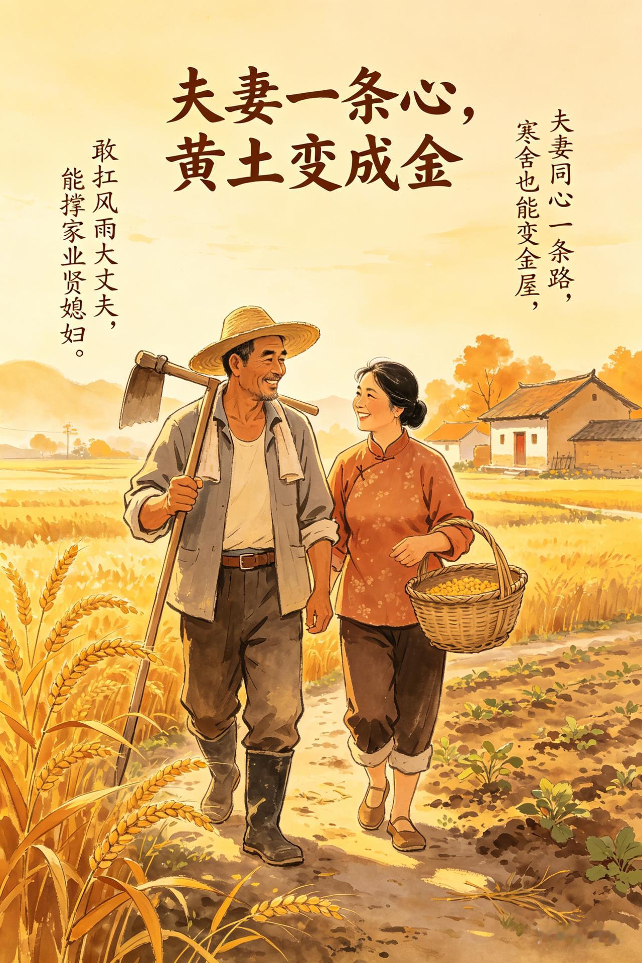 夫妻一条心，黄土变成金


敢扛风雨大丈夫，
能撑家业贤媳妇。
夫妻同心一条路，