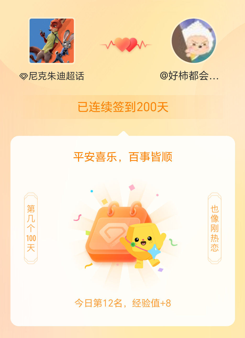 尼克朱迪我在尼克朱迪连续签到200天啦，百看不厌，久处亦欢~ 