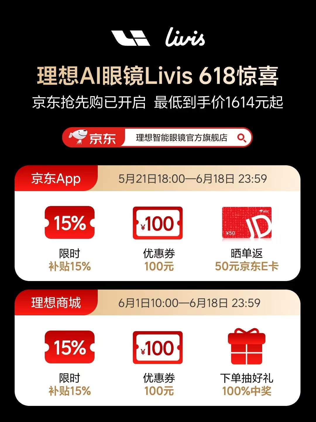 理想AI眼镜Livis 参加京东618活动，限时立减100，晒单返50元京东E卡