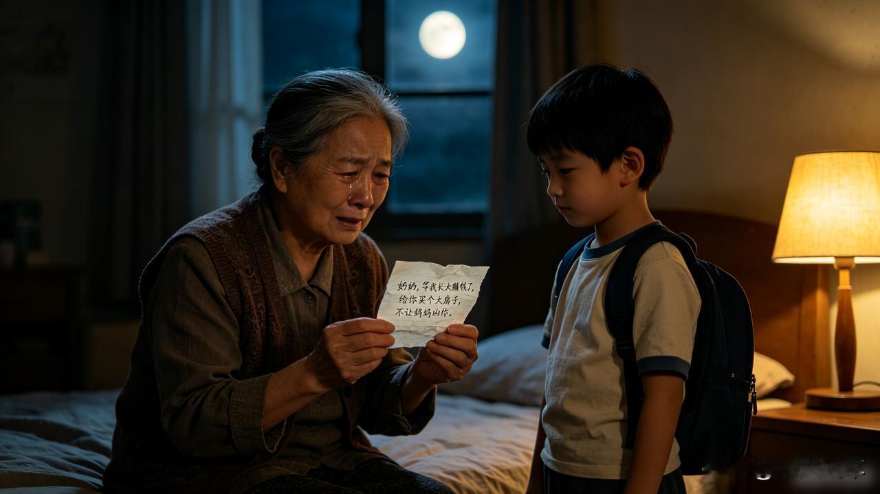 孙子偷偷塞给我一张纸条，打开一看，我眼泪止不住。

上面歪歪扭扭写着：“奶奶，等