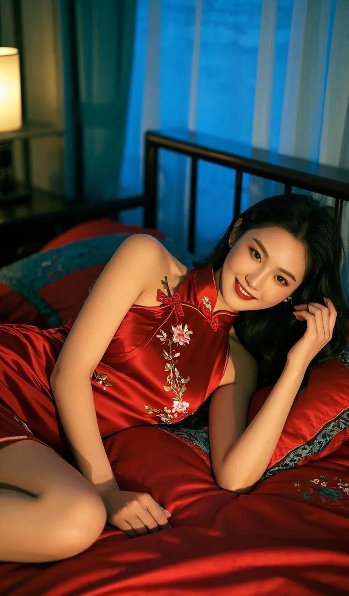 夜色中红衣佳人，温婉动人，韵味十足。分享绝世佳人照 绝色美女照 美女子图赏 深情