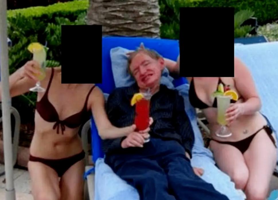 爱泼斯坦档案再爆猛料：全球物理巨擘霍金左拥右抱比基尼女子。

照片里，常年与渐冻