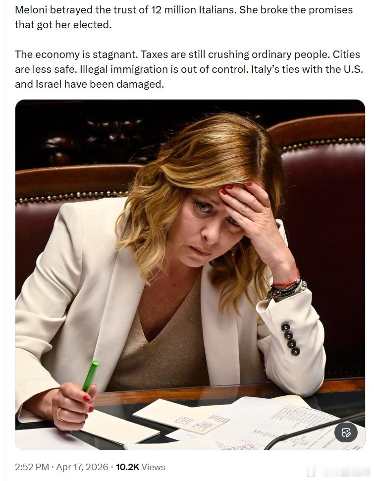 乔治亚·梅洛尼辜负了1200万意大利选民的信任，背弃了她当初用来赢得选举的承诺。