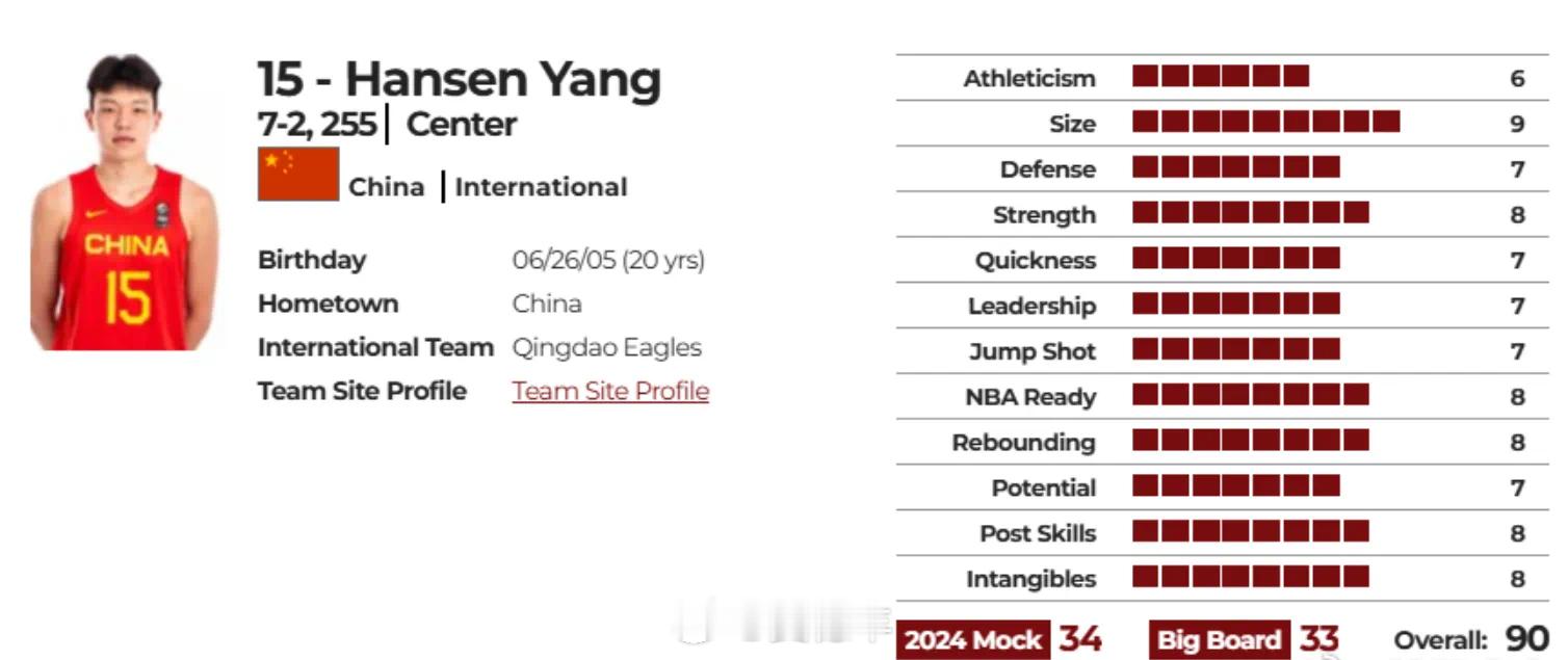 NBA DRAFT出的球探报告里，杨瀚森总计90分。在这套评价体系里，周琦和王哲