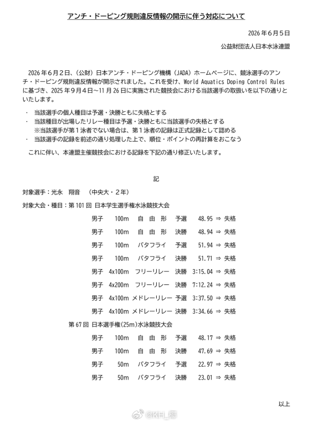 日本泳协根据反兴奋剂规定决定取消光永翔音在去年9.4-11.26之间比赛全部成绩