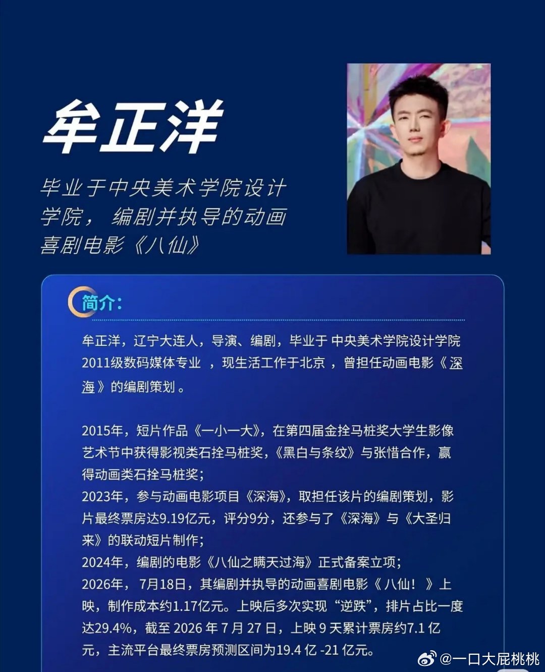 牟正洋简历写了八仙基础制作成本1.17亿，那早就回本了大赚特赚了现在。 