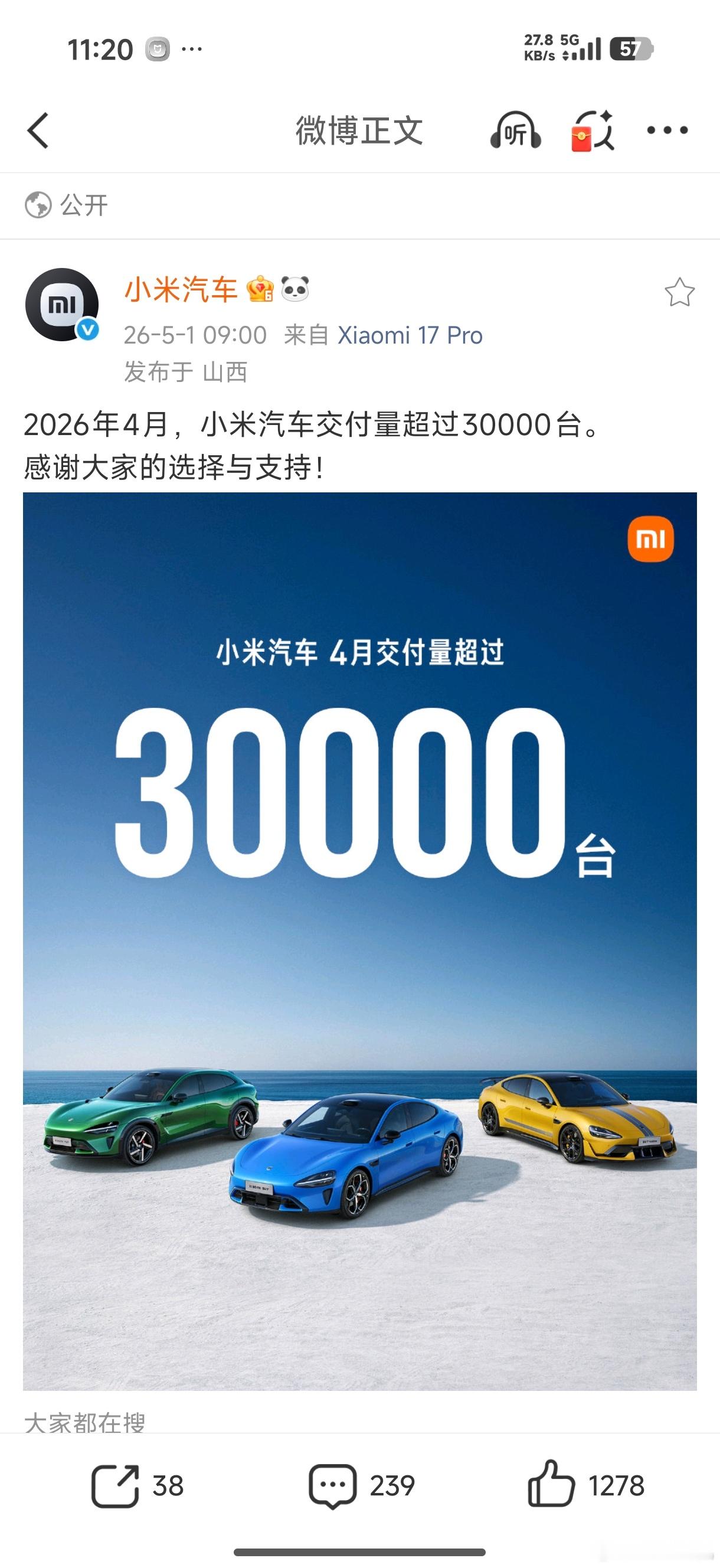 小米汽车4月交付量超3万台 你看，销量猛的小米汽车又回来了吧？之前老款小米SU7