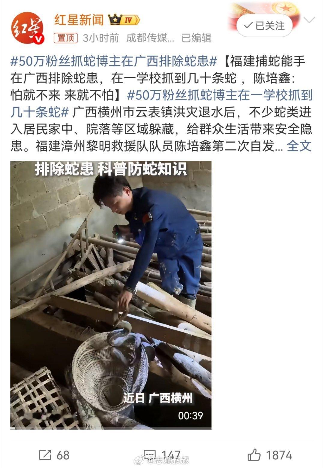 50万粉丝抓蛇博主在广西排除蛇患人人都害怕，望而却步他却逆光而行！真勇士也！带着