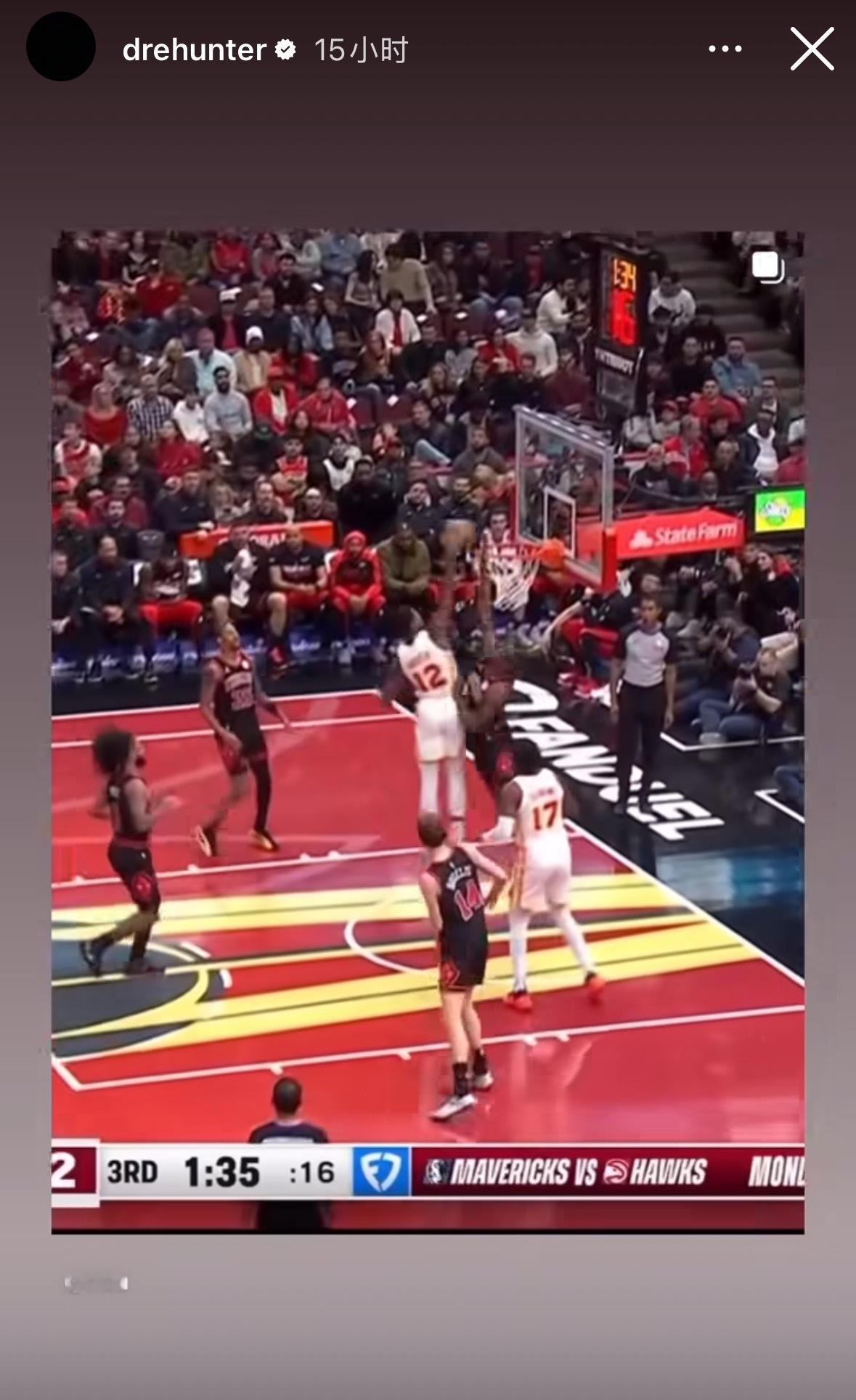 De‘Andre Hunter 转发代表老鹰出战时的两记隔扣他们都入选了上赛季的