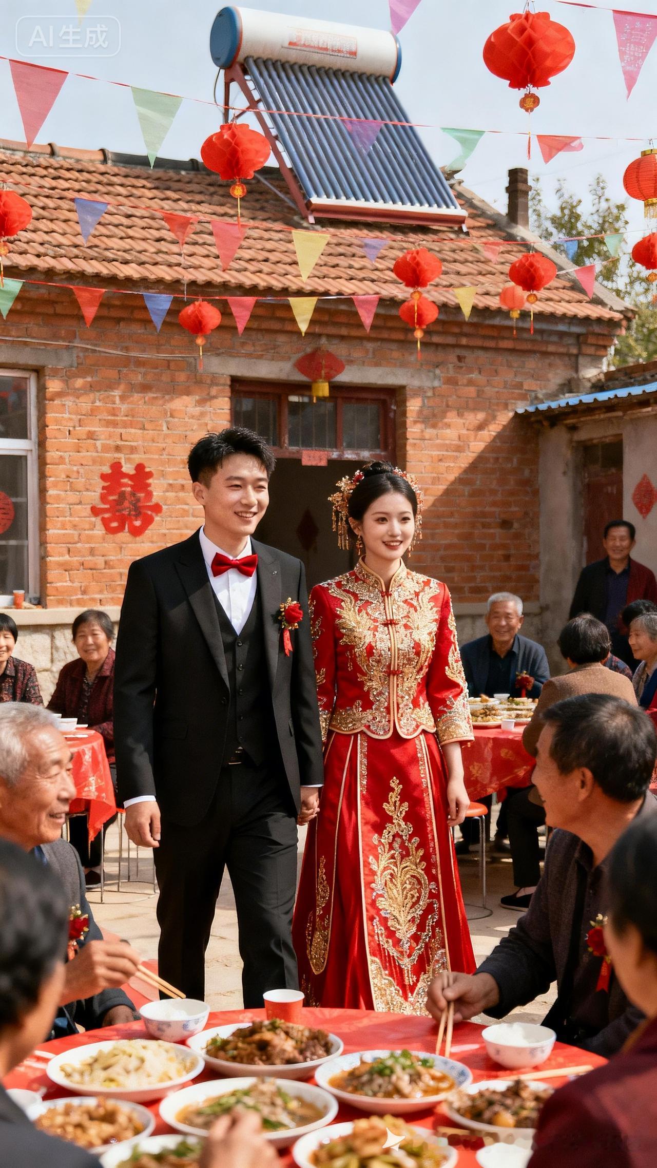 喜气洋洋的婚礼现场，新人与宾客共享美食，幸福洋溢在每个人脸上。🎉💕