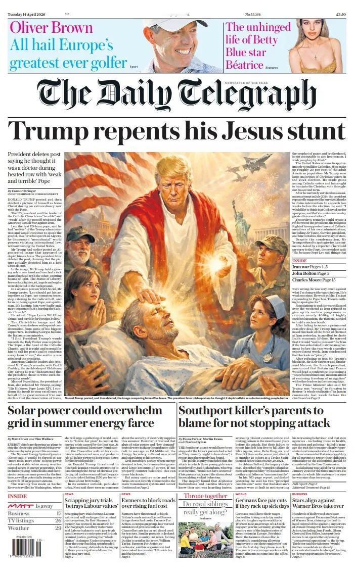 《每日电讯报》头版刊登了一张由美国联邦政府总统唐纳德·特朗普发布的AI图片，后来