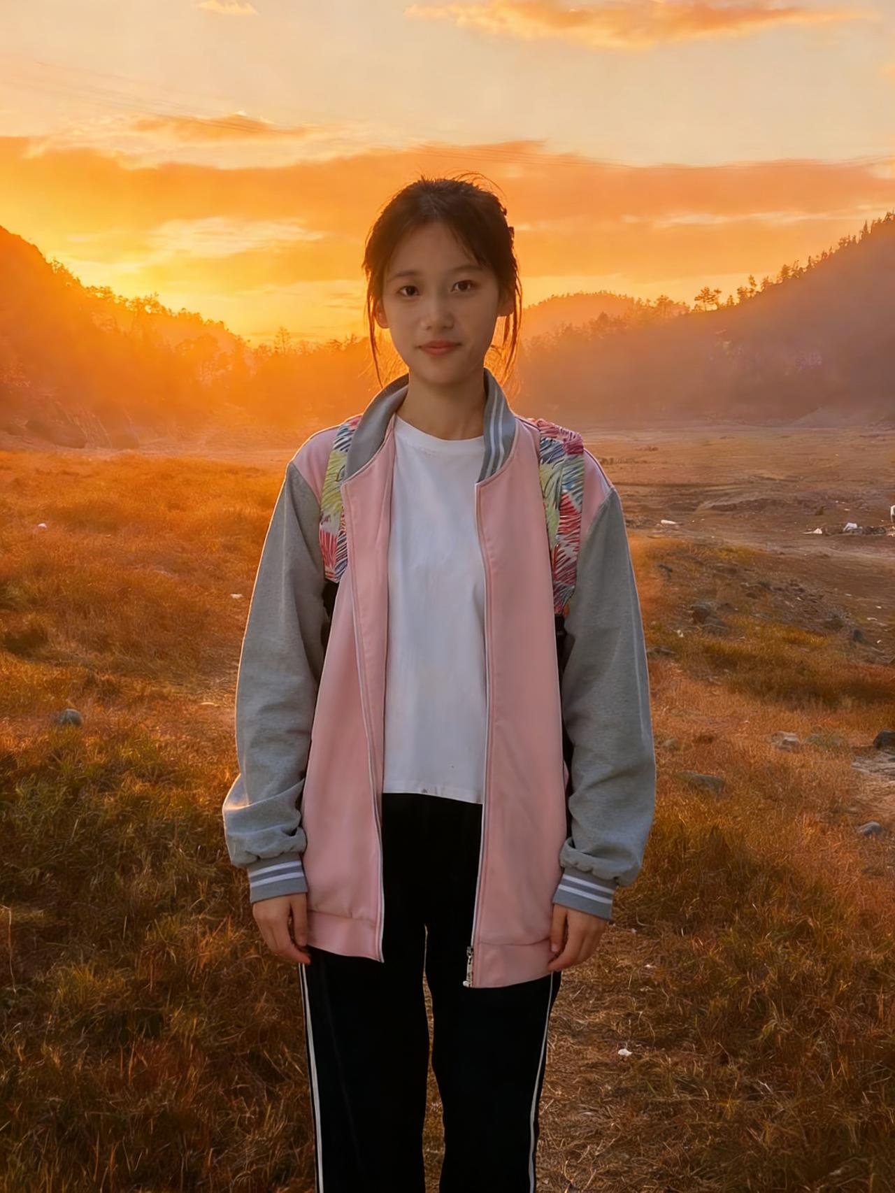 晚霞烧野覆平冈，粉袂裁云衬素裳。
白袷轻笼凝雪质，玄裤斜垂映日光。
明眸湛湛含秋